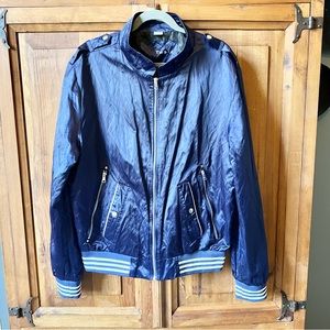 Men’s Blue Satin Zip Up Military Bomber Jacket Size XXL